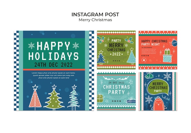 Hand drawn christmas party instagram posts set