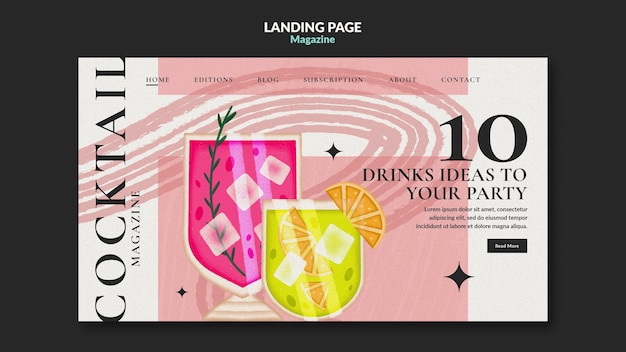 PSD gratuito pagina di destinazione della rivista cocktail disegnata a mano