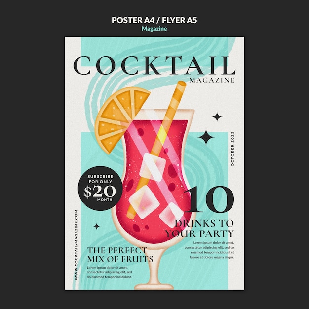 PSD gratuito manifesto della rivista cocktail disegnato a mano