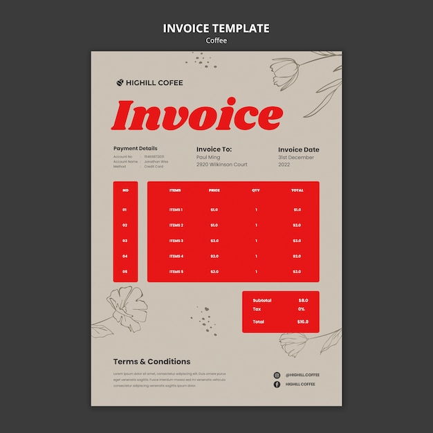 Free PSD hand drawn coffee invoice template