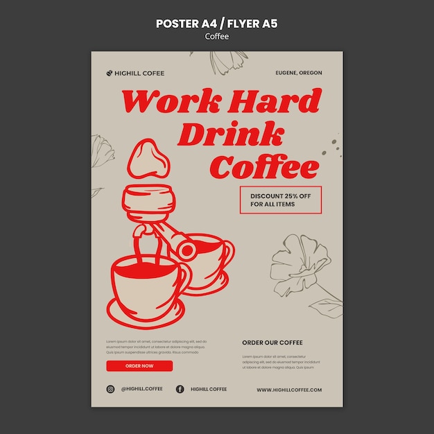 PSD gratuito modello di poster di caffè disegnato a mano