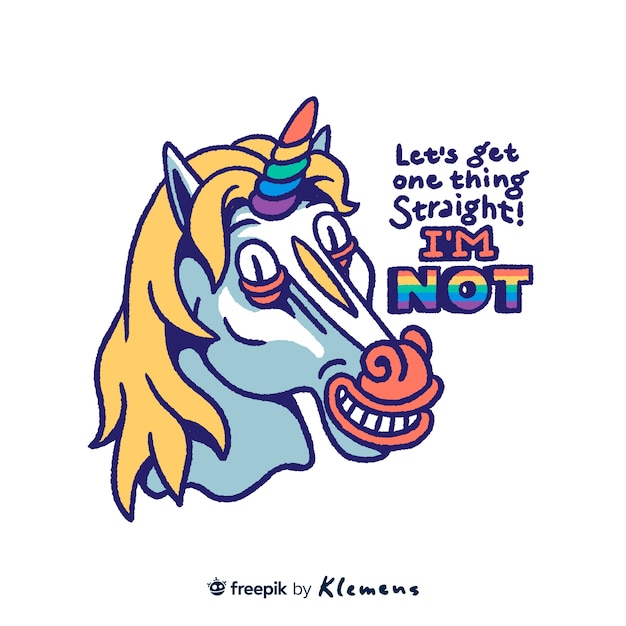 Unicorno colorato disegnato a mano con scritte