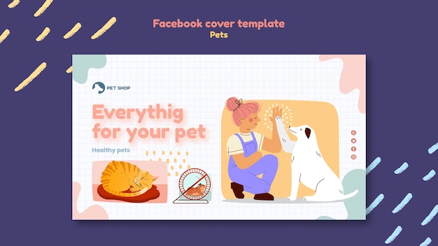 Hand drawn cute pets facebook cover template