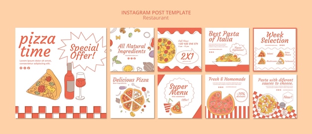 PSD gratuito post di instagram del ristorante di cibo delizioso disegnato a mano