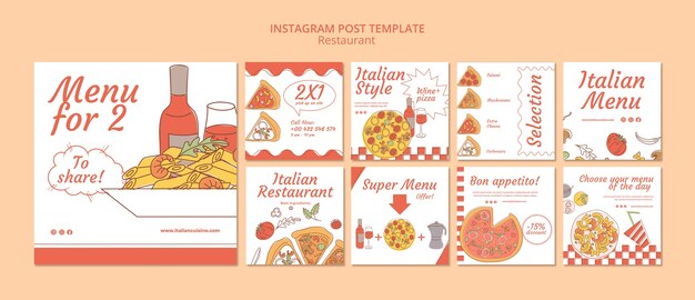 PSD gratuito post di instagram del ristorante di cibo delizioso disegnato a mano