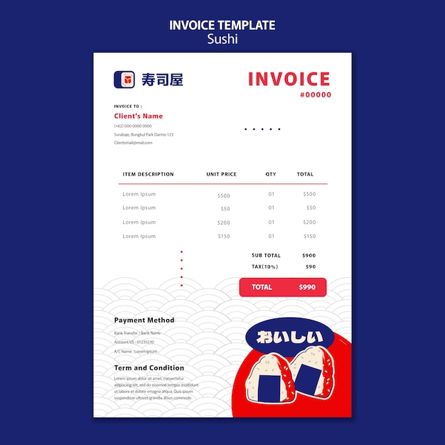 Free PSD hand drawn delicious sushi invoice template