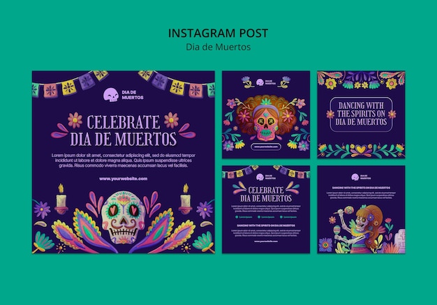 Бесплатный PSD Нарисованные от руки посты в instagram dia de muertos