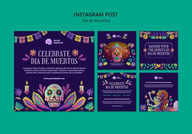 Free PSD hand drawn dia de muertos instagram posts