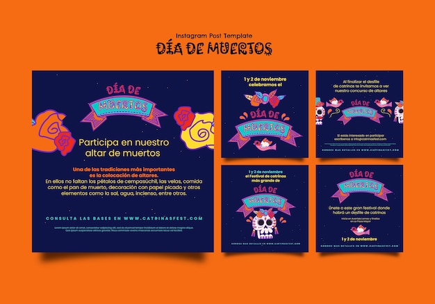 Free PSD hand drawn dia de muertos instagram posts