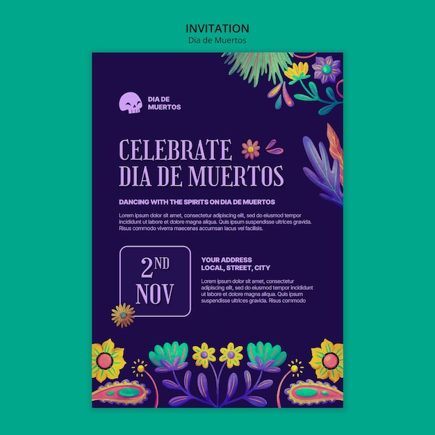 Hand drawn dia de muertos invitation template | Free PSD Download