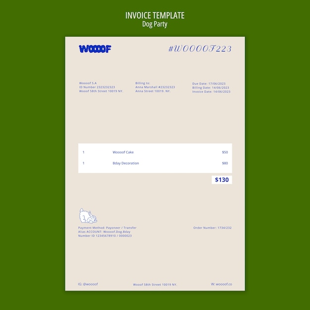 無料PSD 手描きの犬パーティー請求書テンプレート