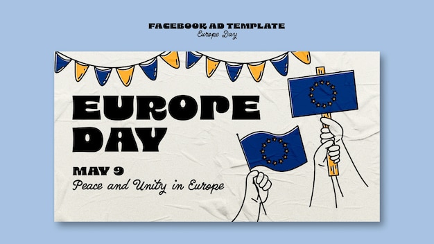 무료 PSD 손으로 그린 유럽의 날 페이스 북 템플릿