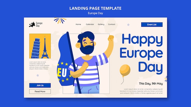 Free PSD hand drawn europe day landing page template