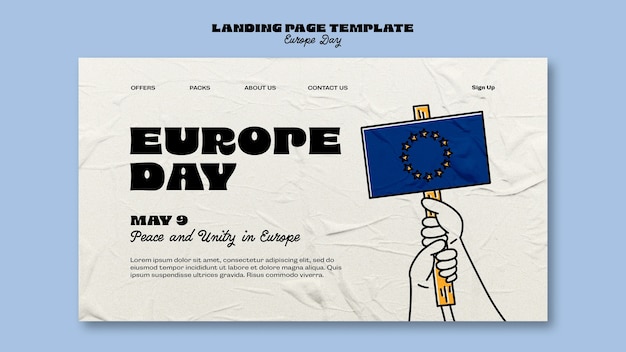 무료 PSD 손으로 그린 유럽의 날 방문 페이지 템플릿