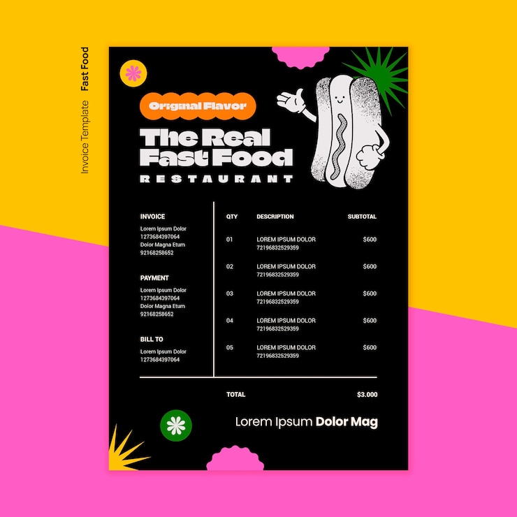 Free PSD hand drawn fast food invoice template