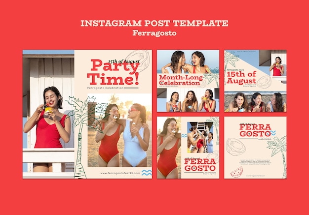 Free PSD hand drawn ferragosto celebration  instagram posts