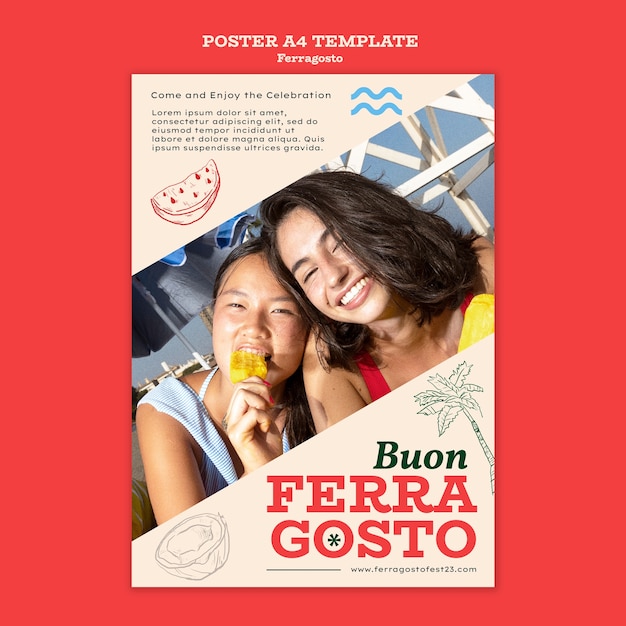 Free PSD hand drawn ferragosto celebration poster template