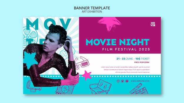 PSD gratuito modello di banner orizzontale festival cinematografico disegnato a mano