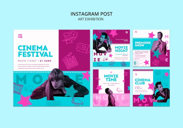 Бесплатный PSD Нарисованные от руки посты в instagram фестиваля кино