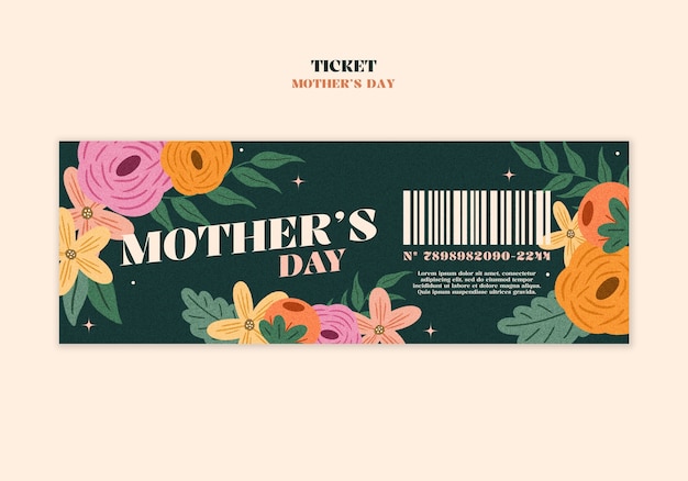 Free PSD hand drawn flat floral mother's day ticket template