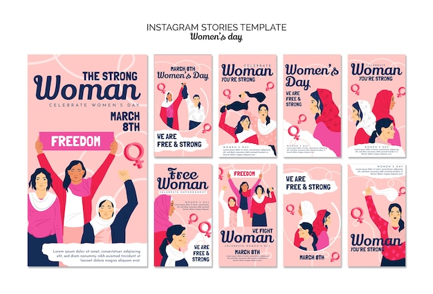 Free PSD hand drawn flat women's day instagram stories template set