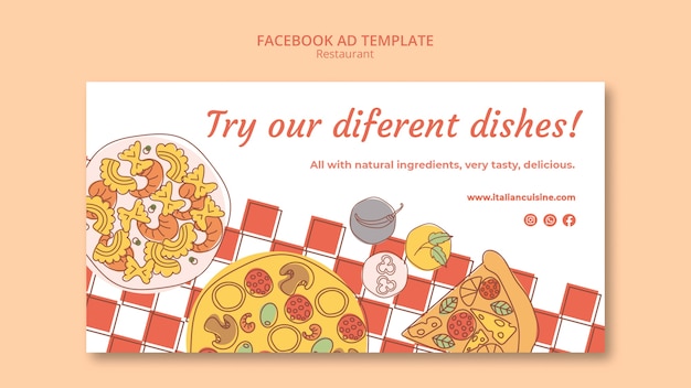 Modello di facebook del ristorante di cibo disegnato a mano
