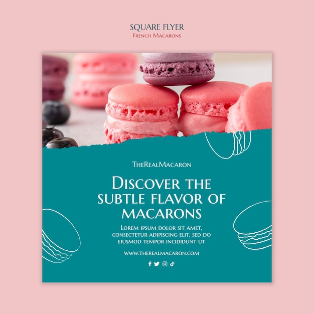 Free PSD hand drawn french macarons square flyer