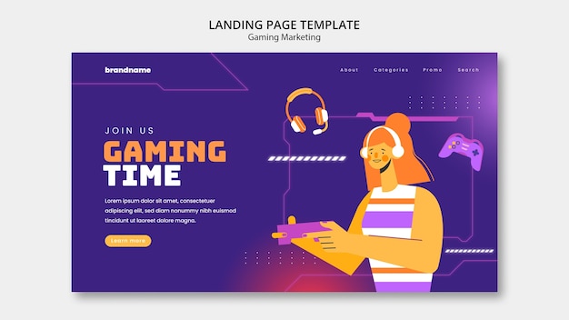 Free PSD hand drawn gaming time landing page template