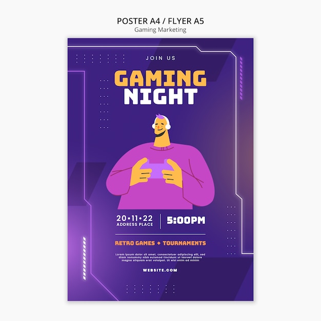 Free PSD hand drawn gaming time poster template