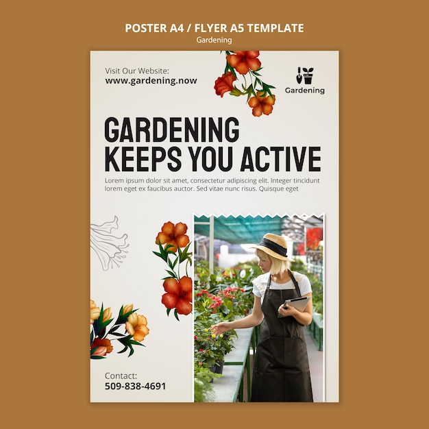 PSD gratuito modello di poster di giardinaggio disegnato a mano