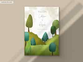 Free PSD hand drawn greenery landscape invitation card template