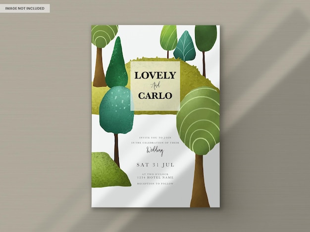 Free PSD hand drawn greenery tree invitation card template with beautiful landscape