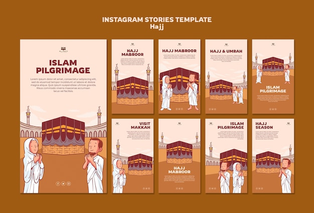 PSD gratuito storie di instagram per la celebrazione dell'hajj disegnate a mano