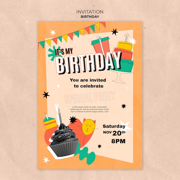Free PSD hand drawn happy birthday invitation
