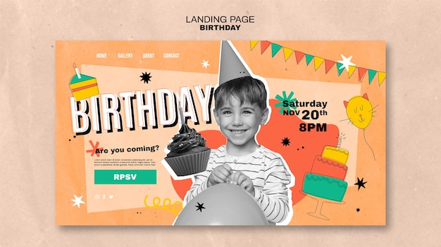 Free PSD hand drawn happy birthday landing page