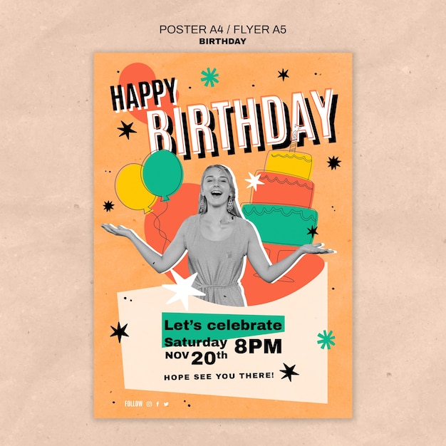 PSD gratuito modello di poster di buon compleanno disegnato a mano