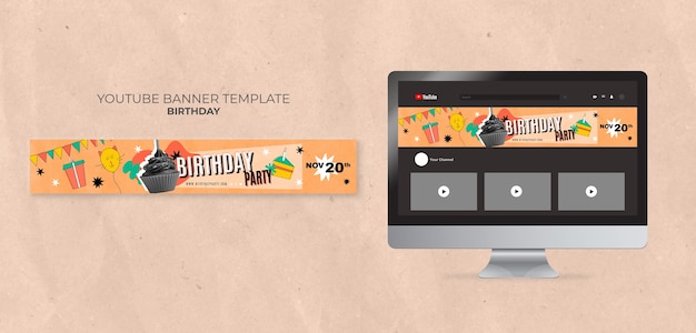 PSD gratuito banner di youtube di buon compleanno disegnato a mano