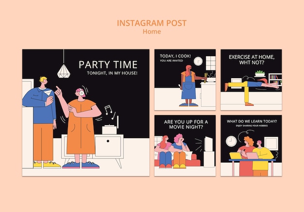 Бесплатный PSD Ручной обращается хобби дома набор постов в instagram