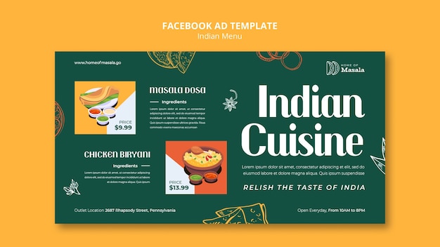 PSD gratuito modello di facebook del menu di cibo indiano disegnato a mano