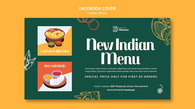 PSD gratuito modello di copertina facebook del menu indiano disegnato a mano