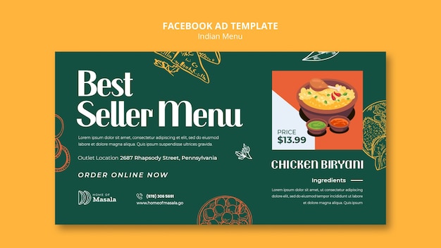 Modello di facebook menu indiano disegnato a mano