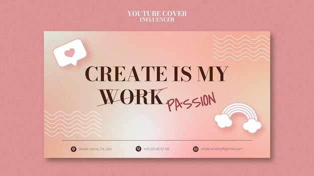 PSD gratuito modello di copertina di youtube del lavoro di influencer disegnato a mano