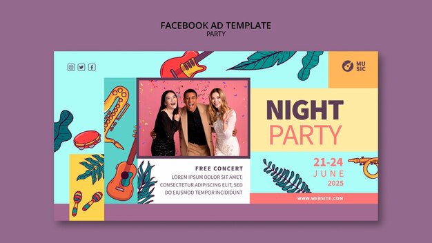 Free PSD hand drawn instruments party  facebook template