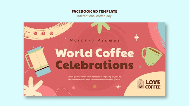 PSD gratuito modello facebook per la giornata internazionale del caffè disegnata a mano