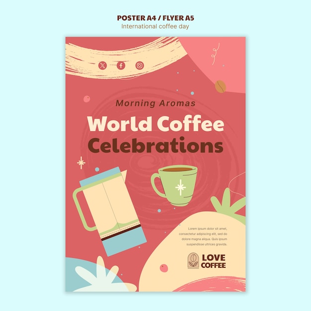 Бесплатный PSD Нарисованный от руки плакат международного дня кофе