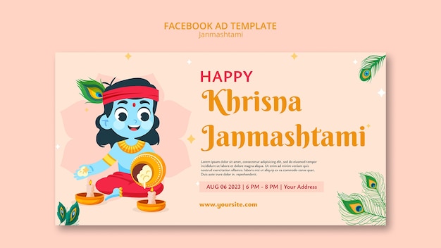 무료 PSD 손으로 그린 janmashtami 축하 페이스 북 템플릿