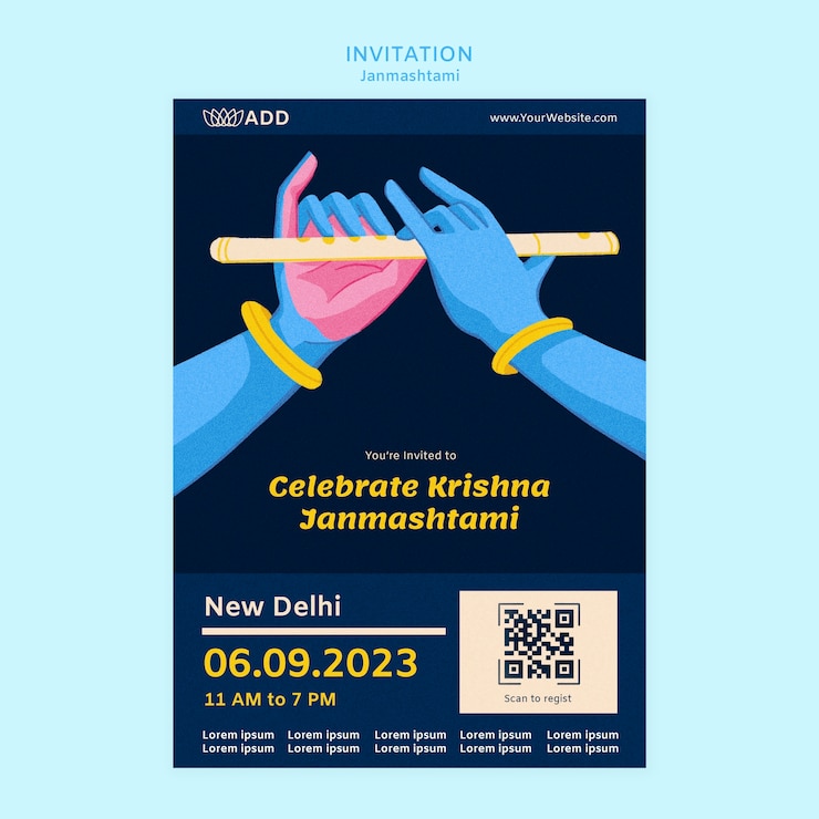 मुफ़्त PSD hand drawn janmashtami celebration invitation template