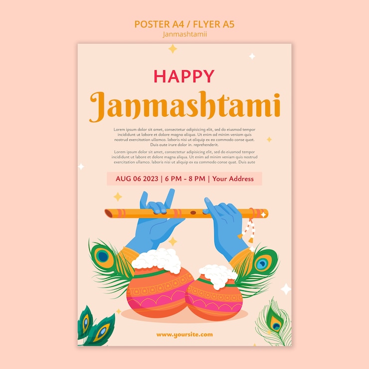 Free PSD hand drawn janmashtami celebration  poster template