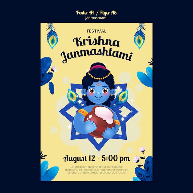 Free PSD hand drawn janmashtami celebration poster template
