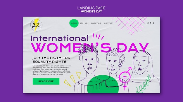 Free PSD hand drawn landing page template for women's day celebration